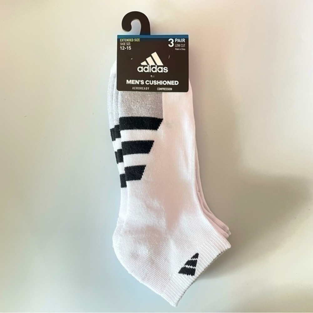 Adidas men’s low cut socks 3 pack size 12-15 white black gray